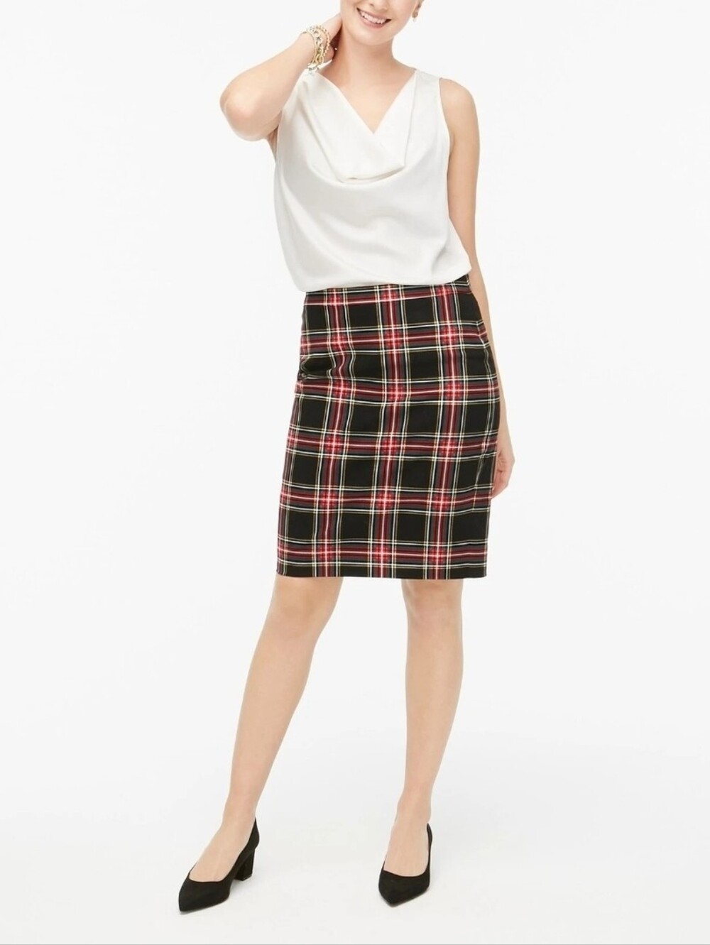 J Crew Size 12 Cotton Sateen Pencil Skirt in Stewart Tartan Plaid Red Black New